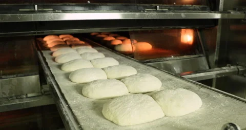 Line Of Raw Bread In A Long Tray Placed Inside The Electric Deck Oven - Stock Footage 142093645