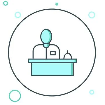 Line Receptionist standing at hotel reception desk icon isolated on white b.. Stock Illustration
