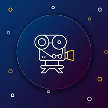 Line Retro cinema camera icon isolated on blue background. Video camera. Mo.. Stock Illustration