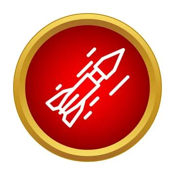 Line rocket icon flying across a red circle with golden frame Stock Illustration