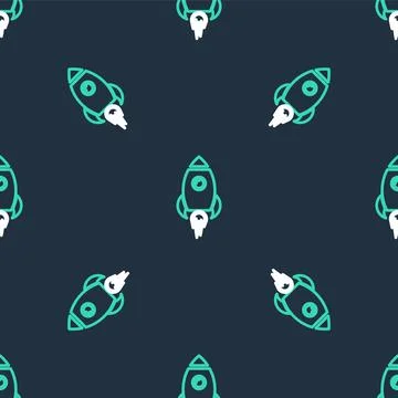 Line Rocket ship with fire icon isolated seamless pattern on black background Stock Illustration