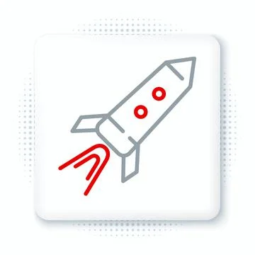 Line Rocket ship with fire icon isolated on white background. Space travel Stock Illustration