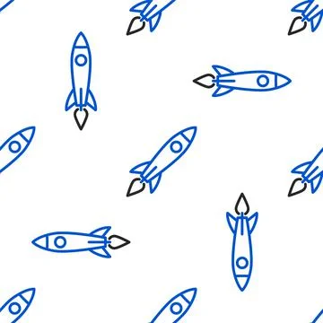 Line Rocket ship with fire icon isolated seamless pattern on white background Stock Illustration