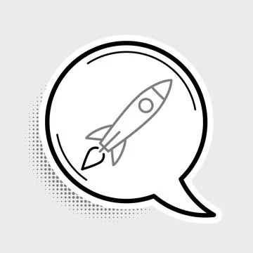 Line Rocket ship with fire icon isolated on grey background. Space travel Stock Illustration