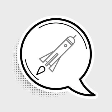 Line Rocket ship with fire icon isolated on grey background. Space travel Stock Illustration