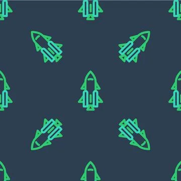 Line Rocket ship with fire icon isolated seamless pattern on blue background Stock Illustration