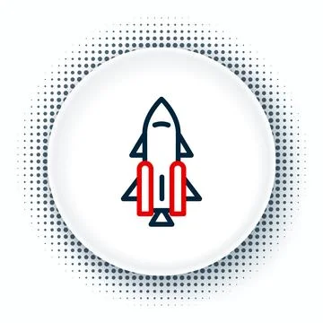 Line Rocket ship with fire icon isolated on white background. Space travel Stock Illustration