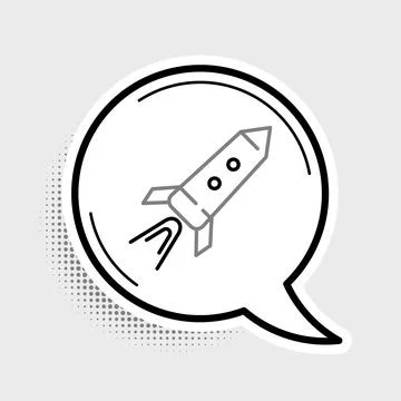 Line Rocket ship with fire icon isolated on grey background. Space travel Ilustración de archivo