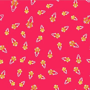 Line Rocket ship with fire icon isolated seamless pattern on red background Stock Illustration