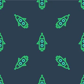 Line Rocket ship icon isolated seamless pattern on blue background. Space travel Stock Illustration
