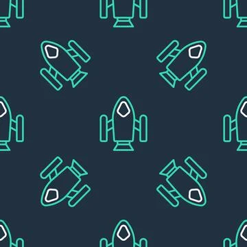 Line Rocket ship icon isolated seamless pattern on black background. Space Stock Illustration
