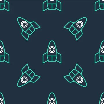 Line Rocket ship icon isolated seamless pattern on black background. Space Stock Illustration