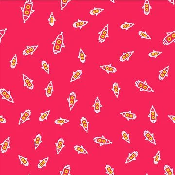 Line Rocket ship icon isolated seamless pattern on red background. Space travel Stock Illustration