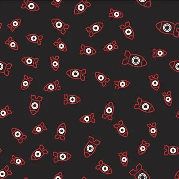 Line Rocket ship toy icon isolated seamless pattern on black background. Space Illustrazione stock