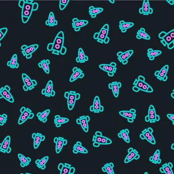 Line Rocket ship toy icon isolated seamless pattern on black background. Space Stock Illustration
