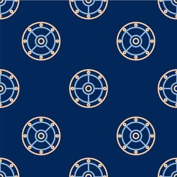 Line Round shield icon isolated seamless pattern on blue background. Security Stock Illustration