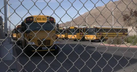A Line of School Buses behind gate Stock Footage 154331567