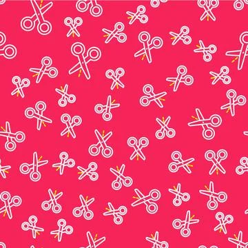 Line Scissors with cut line icon isolated seamless pattern on red background. Stockillustratie