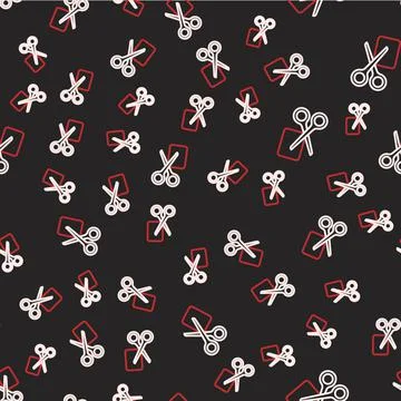 Line Scissors cuts discount coupon icon isolated seamless pattern on black Stockillustratie