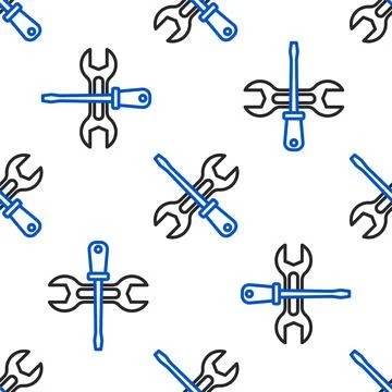 Line Screwdriver and wrench spanner tools icon isolated seamless pattern on w Illustrazione stock