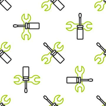 Line Screwdriver and wrench spanner tools icon isolated seamless pattern on Stock Illustration