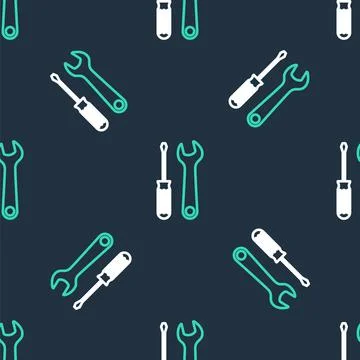 Line Screwdriver and wrench tools icon isolated seamless pattern on black Illustrazione stock