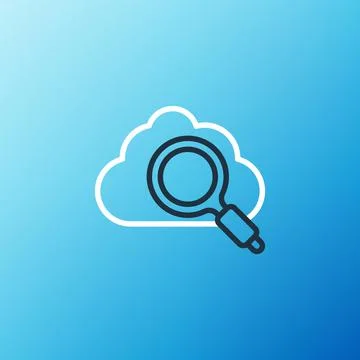 Line Search cloud computing icon isolated on blue background. Magnifying glass Illustrazione stock