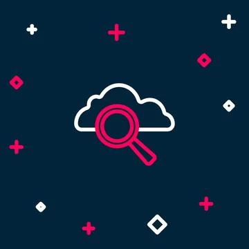 Line Search cloud computing icon isolated on blue background. Magnifying glass Stock Illustration