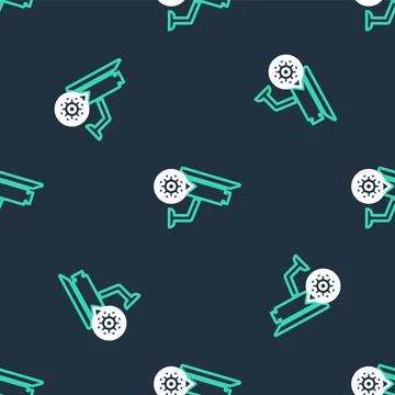 Line Security camera and gear icon isolated seamless pattern on black background Stock Illustration