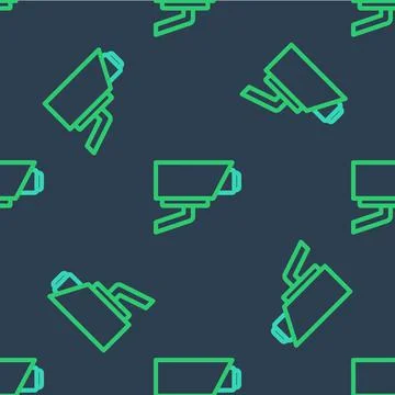 Line Security camera icon isolated seamless pattern on blue background. Vector Stock Illustration