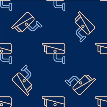 Line Security camera icon isolated seamless pattern on blue background. Vector 스톡 일러스트