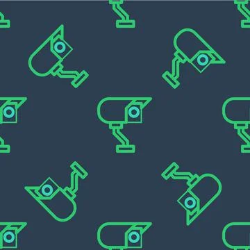 Line Security camera icon isolated seamless pattern on blue background.  Vect Illustrazione stock