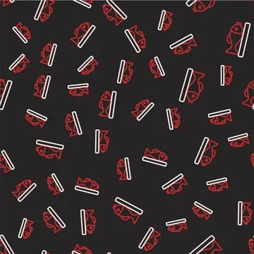 Line Served fish on a plate icon isolated seamless pattern on black background 스톡 일러스트