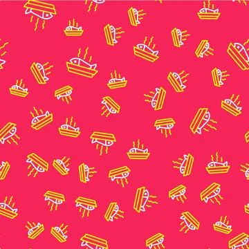 Line Served fish on a plate icon isolated seamless pattern on red backgroun.. イラスト素材
