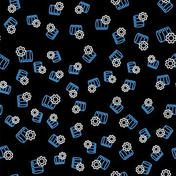 Line Server and gear icon isolated seamless pattern on black background Stock Illustration