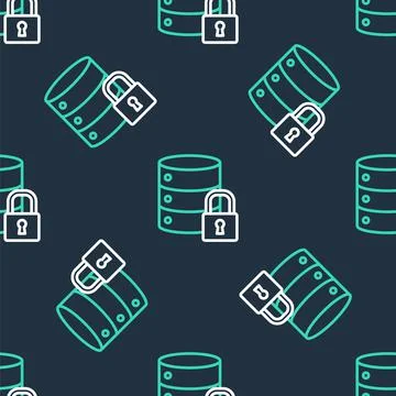 Line Server security with closed padlock icon isolated seamless pattern on black Illustrazione stock