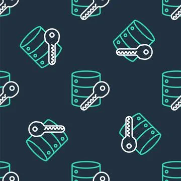 Line Server security with key icon isolated seamless pattern on black background Stock Illustration