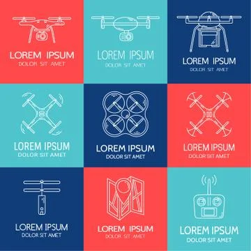Line set with drones. Logotypes with quadrocopter. Stock Illustration