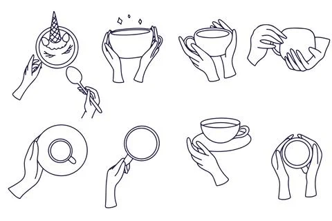 Line set illustrations of hands holding hot drink cups, saucers ad spoon. Vec Stock Illustration