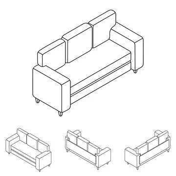 Line set of sofas in isometry. New sofa in different angles in isometric Stock Illustration