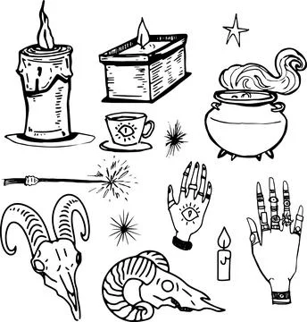 Line Set Witch item drawing clipart halloween holiday party invitation Magi.. Stock Illustration