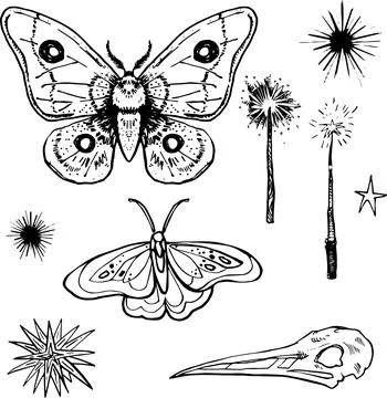 Line Set Witch item Halloween Clip art set Magic wand drawing  skull outlin.. Stock Illustration