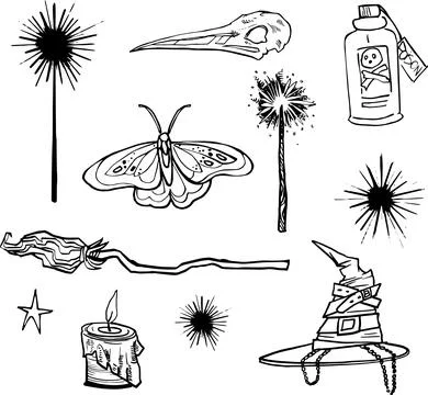 Line Set Witch item Halloween Clip art set Magic wand drawing bird skull ou.. Stock Illustration