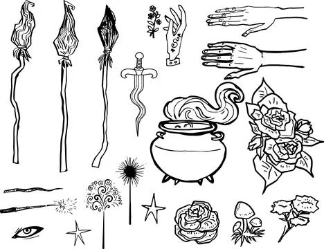 Line Set Witch item Halloween Clip art set Magic wand drawing broom outline.. Stock Illustration