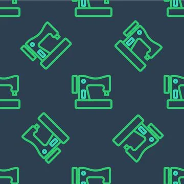 Line Sewing machine icon isolated seamless pattern on blue background. Vector Stockillustratie