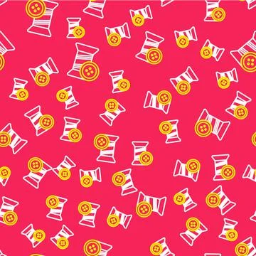 Line Sewing thread on spool and button icon isolated seamless pattern on red Stock Illustration