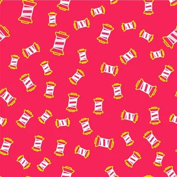 Line Sewing thread on spool icon isolated seamless pattern on red background Stock Illustration