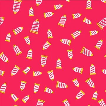 Line Sewing thread on spool icon isolated seamless pattern on red background Stock Illustration