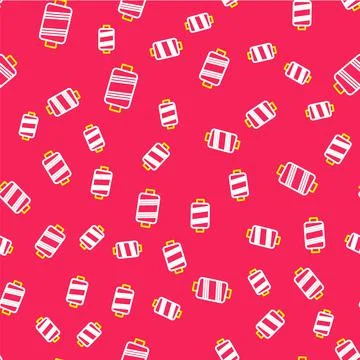 Line Sewing thread on spool icon isolated seamless pattern on red background Stock Illustration
