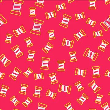 Line Sewing thread on spool icon isolated seamless pattern on red background Stock Illustration